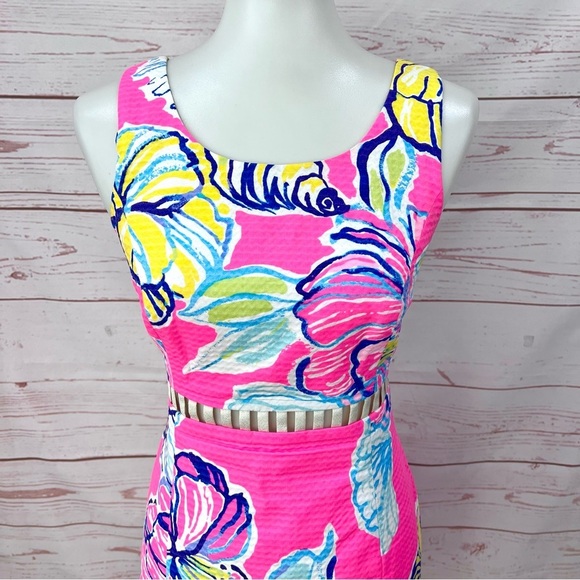 Lilly Pulitzer Iggy Kir Royal Pink Swept By The Tides Cut Out Waist Shift Dress - Picture 4 of 11